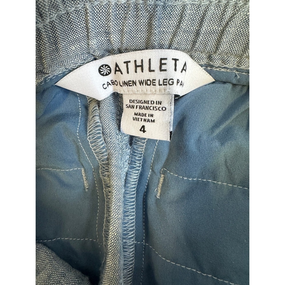 Athleta Cabo Linen Wide Leg Pants Chambray Blue Resort Beach Zip Pockets Size 4 - Picture 7 of 15